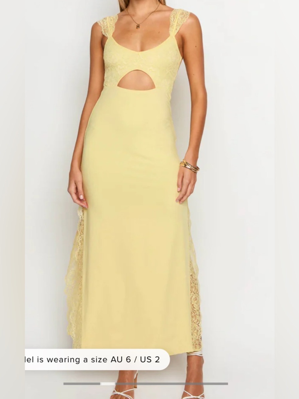 Beginning Boutique Pale Yellow Lace-Trim Cutout Maxi Dress